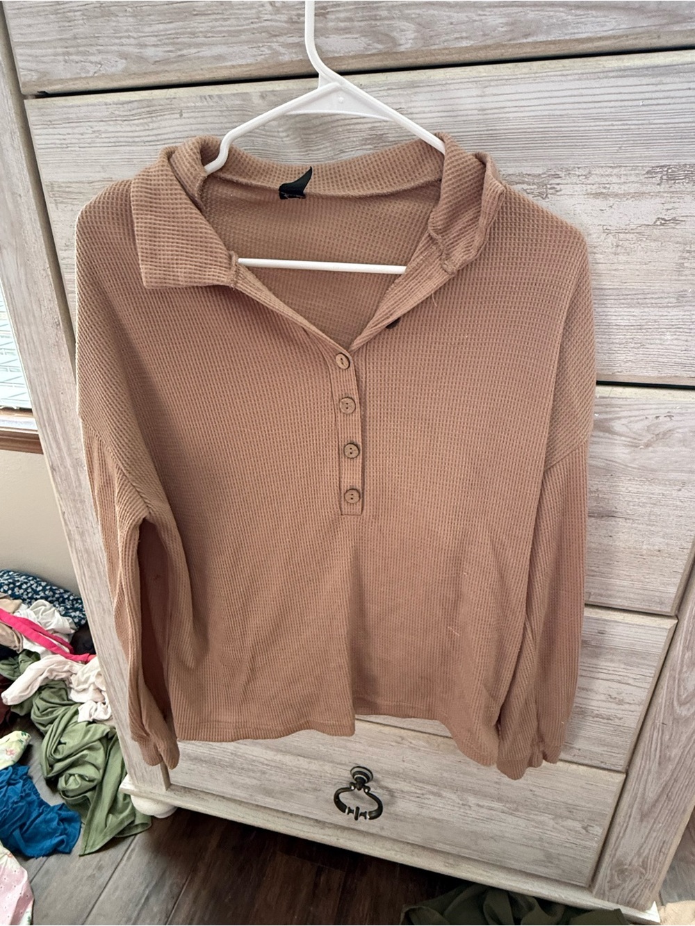 SHEIN Taupe Waffle-Knit Henley Long Sleeve Top